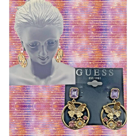 Guess Butterfly Lilac-Pink Accent Stones Gold-Tone Front Facing Hoop Earrings - Picture 1 of 5